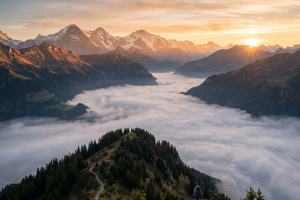 Hiker standing on rocky ridge overlooking sunlit mountains and fog-covered valley at sunrise