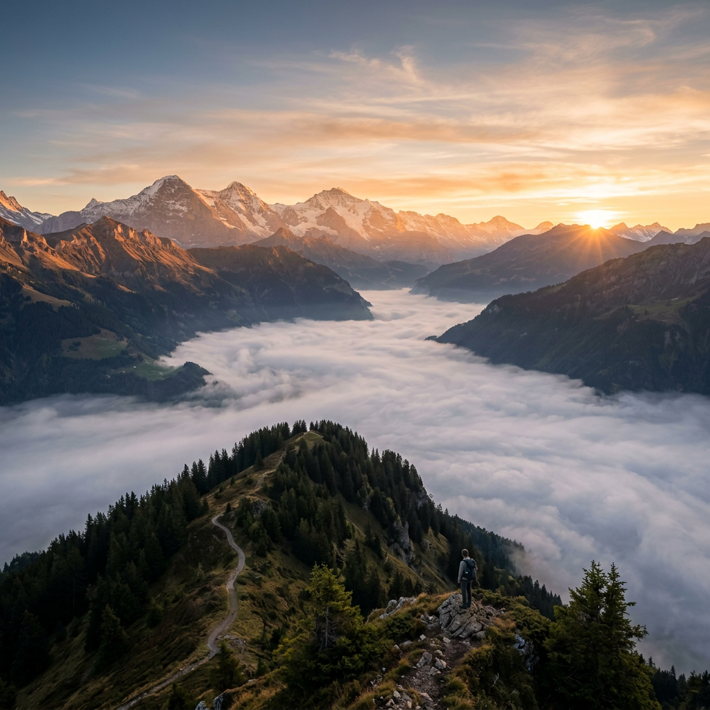 Hiker standing on rocky ridge overlooking sunlit mountains and fog-covered valley at sunrise