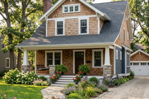 Craftsman style house with wooden shingles, stone porch columns, and a manicured garden