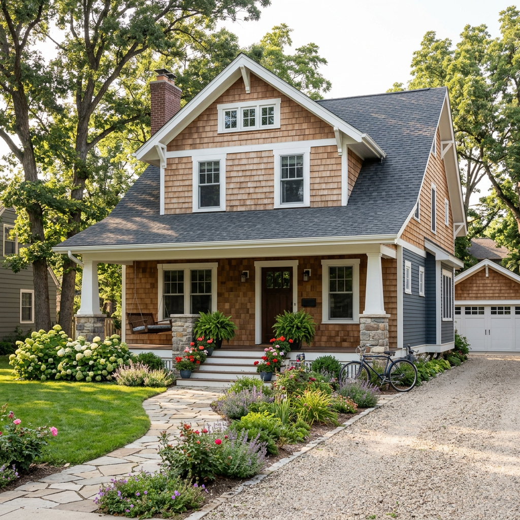 Craftsman style house with wooden shingles, stone porch columns, and a manicured garden